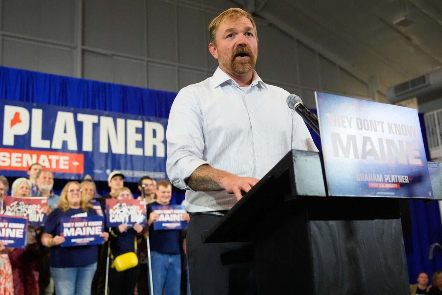 Democratic U.S. Senate candidate Graham Platner speaks during a primary election night watch party ...