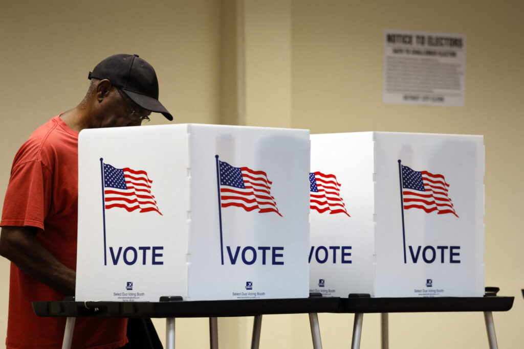 In this Oct. 29, 2024, file photo, voters cast early ballots at the Northwest Activities Center in Detroit. (Jeff Kowalsky/AFP via Getty Images)