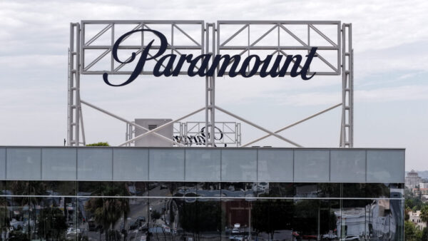 An aerial view of the Paramount logo displayed on the roof of a Paramount office on July 13, 2026, in Los Angeles. (Photo by Justin Sullivan/Getty Images)