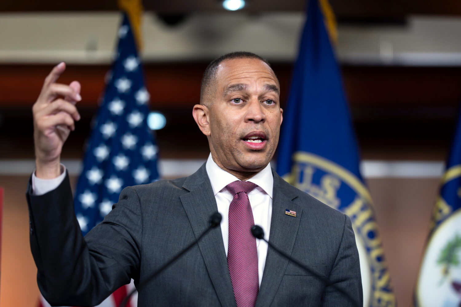 House Minority Leader Hakeem Jeffries, D-N.Y., speaks to reporters ahead of an address by President...