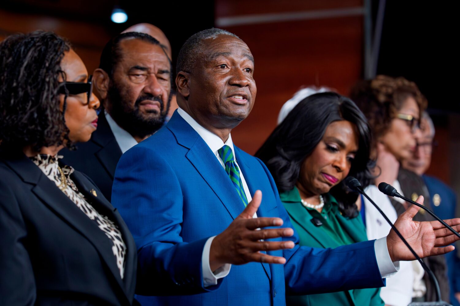 FILE - Rep. Cleo Fields, D-La., center, speaks to reporters at the Capitol in Washington on April 2...