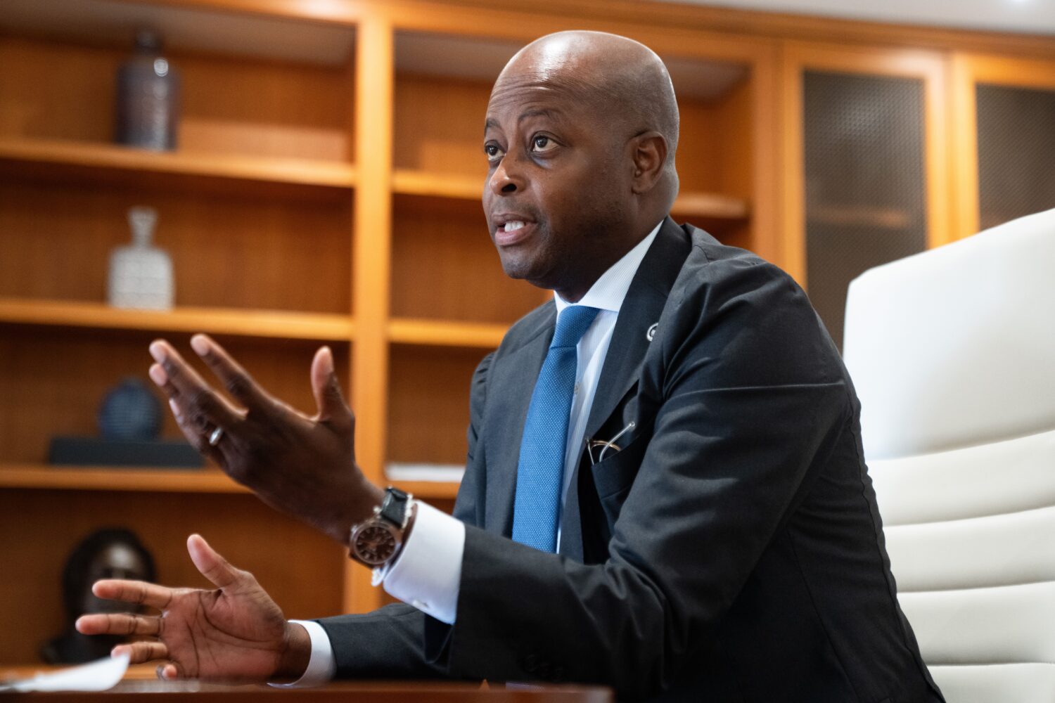 Howard University interim president Wayne A. I. Frederick sits for an interview, Wednesday, July 29...