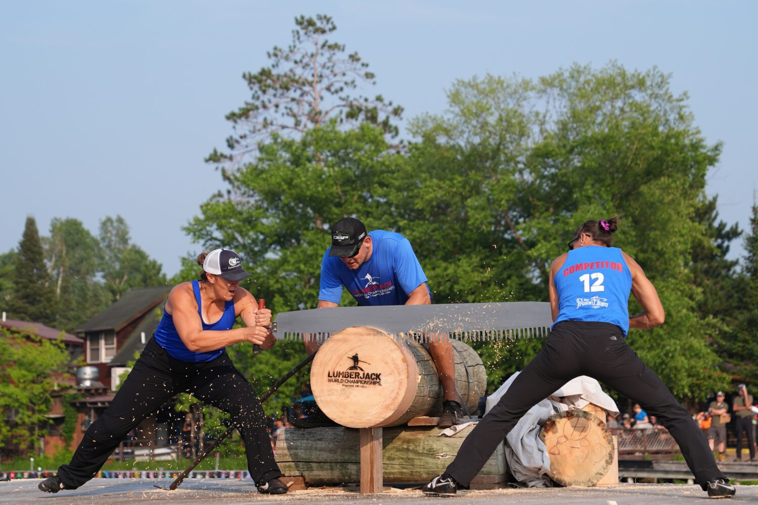 Kate Witkowski, left, and Erin Lavoie compete in the Jill and Jill event during the Lumberjack Worl...