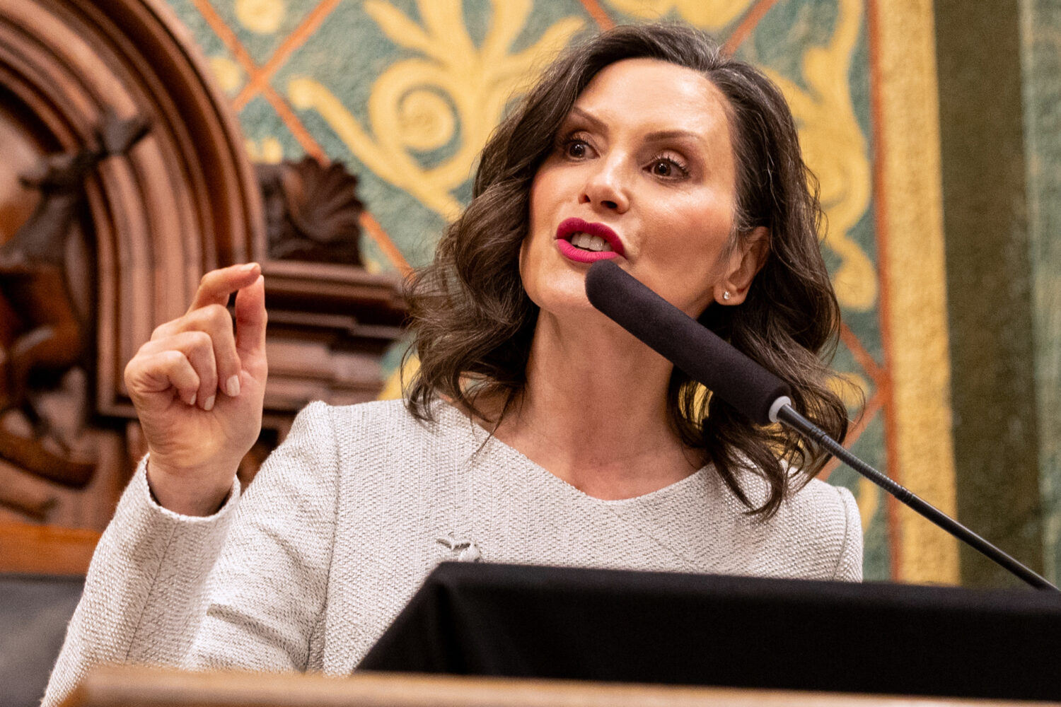 FILE - Michigan Gov. Gretchen Whitmer delivers the State of the State address at the Michigan state...