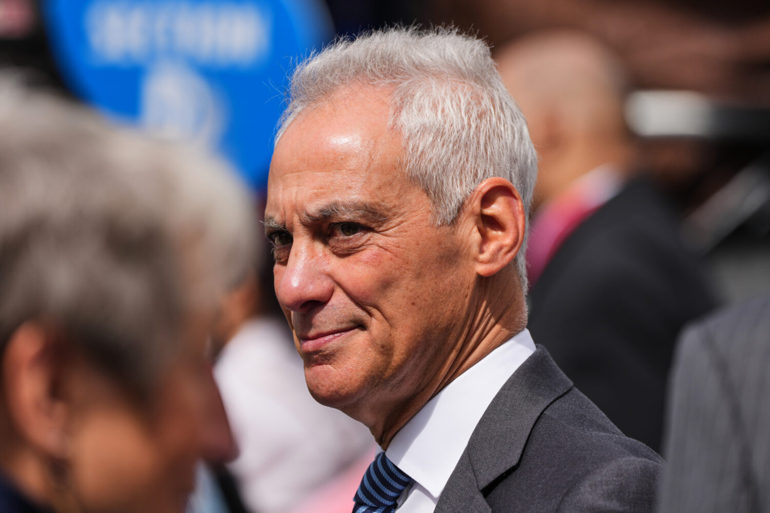 Former White House Chief of Staff Rahm Emanuel mingles ahead of the Obama Presidential Center dedic...