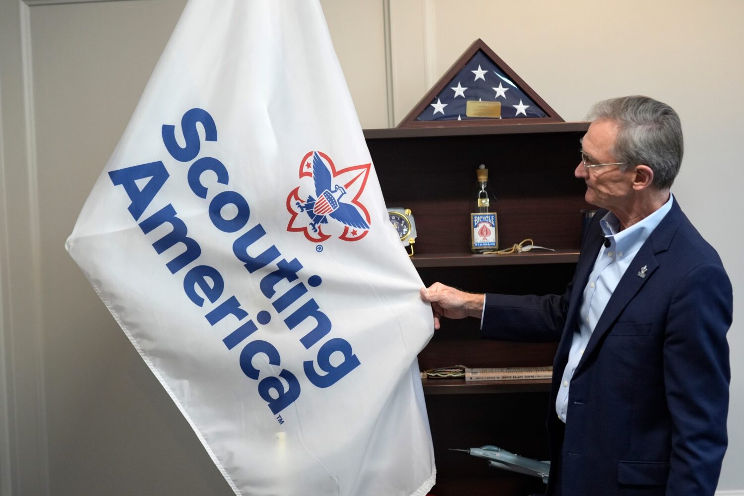 FILE - Roger Krone, chief executive officer of Scouting America, describes the design of the organi...