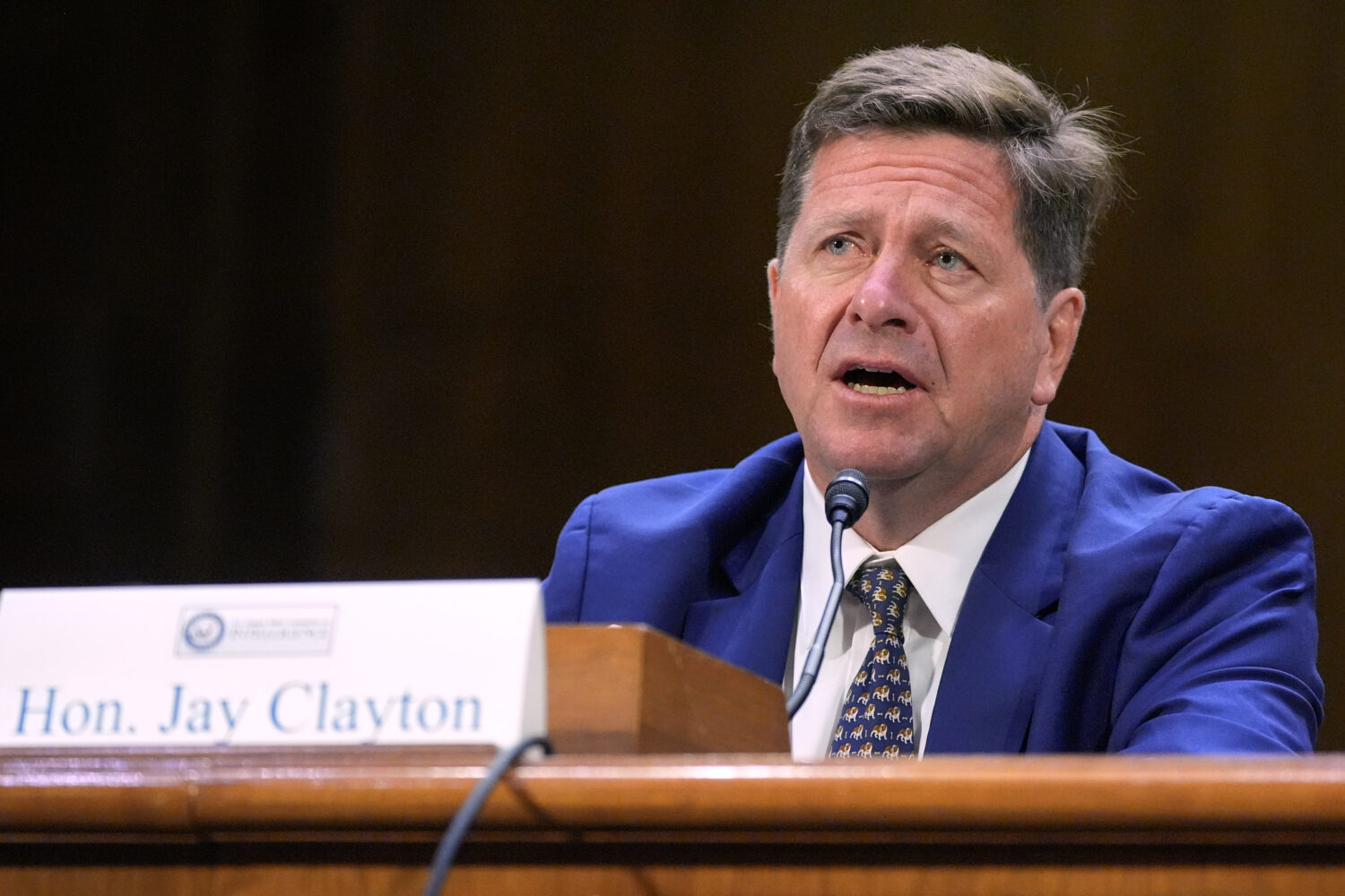Jay Clayton testifies during a Senate Intelligence Committee confirmation hearing to be the next Di...