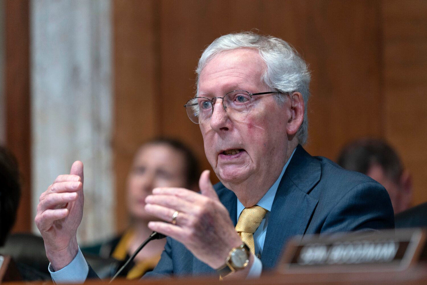 FILE - Sen. Mitch McConnell, R-Ky., speaks during a Senate Committee on Appropriations subcommittee...