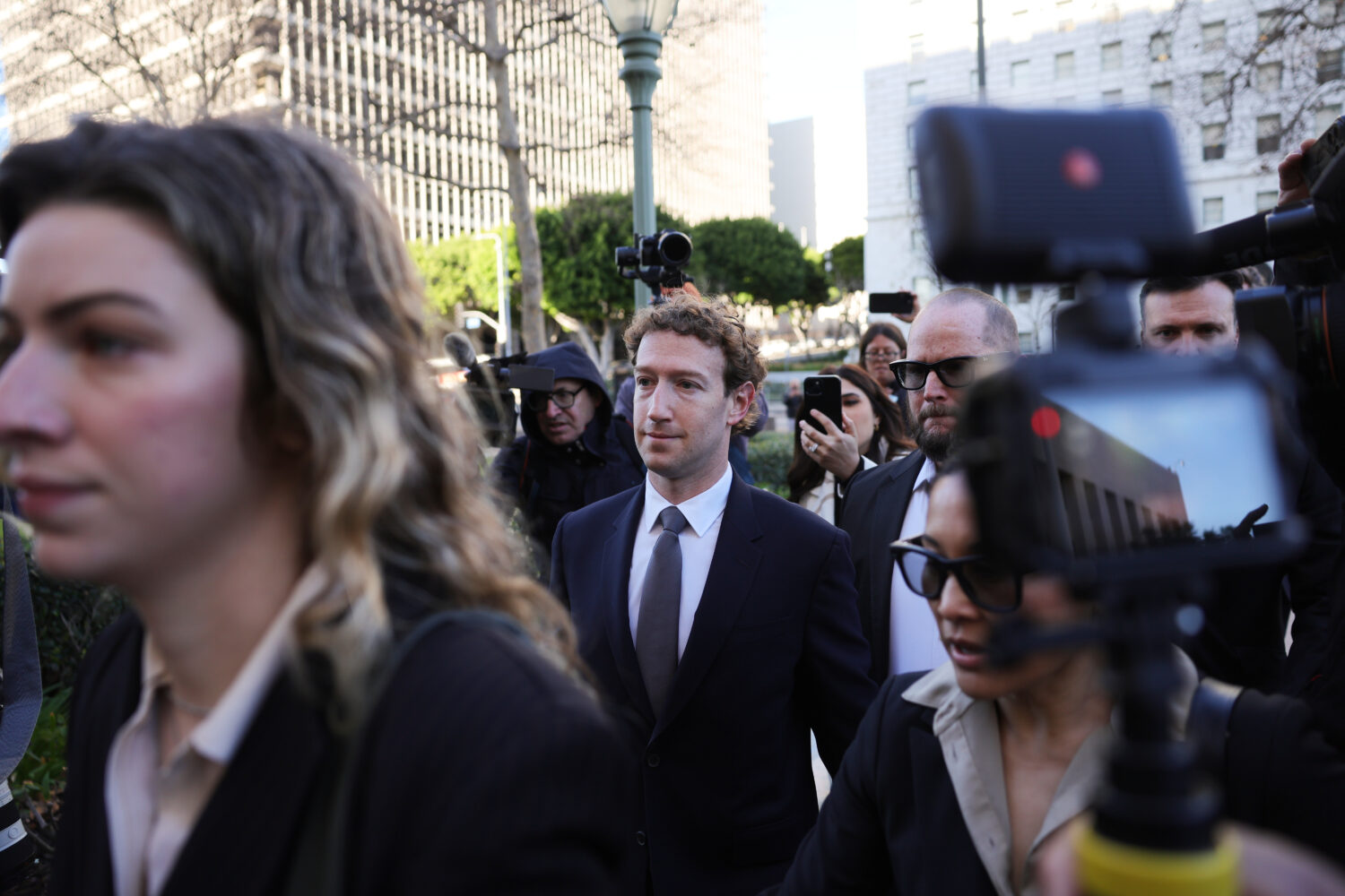 FILE - Meta CEO Mark Zuckerberg arrives for a landmark trial over whether social media platforms de...