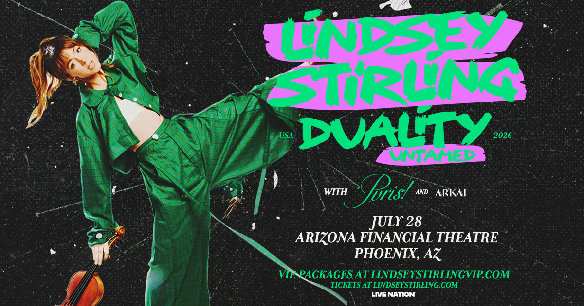 Promotional concert graphic for Lindsey Stirling's Duality Untamed USA 2026 tour. Lindsey is pictur...