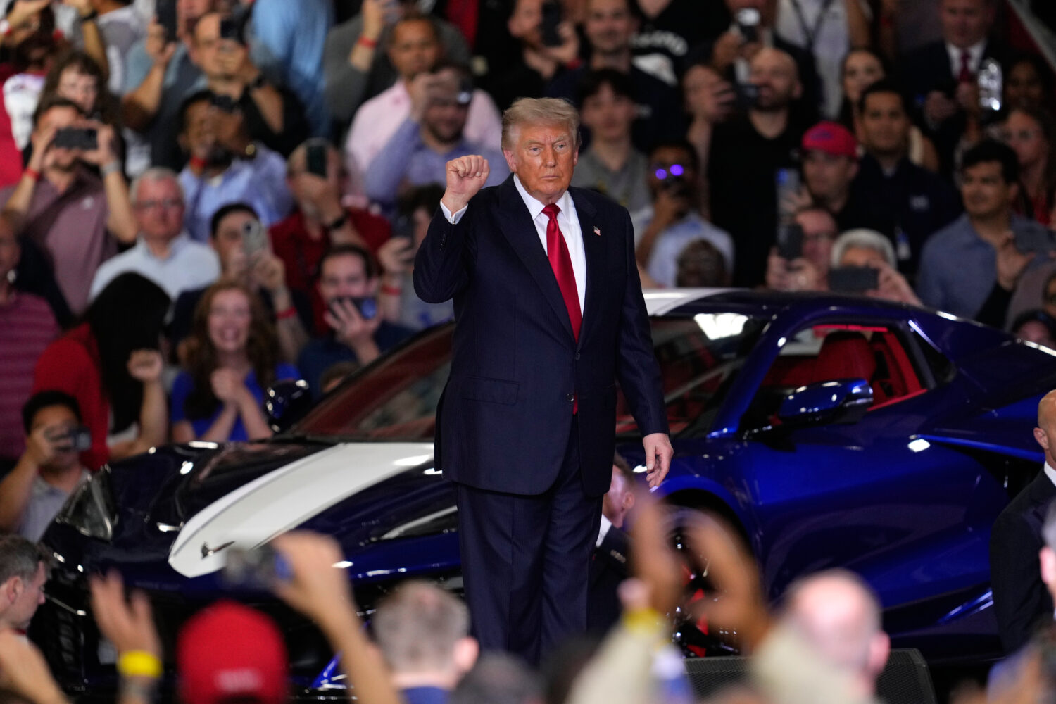 President Donald Trump arrives to speak at an event at the General Motors Proving Ground Monday, Ju...