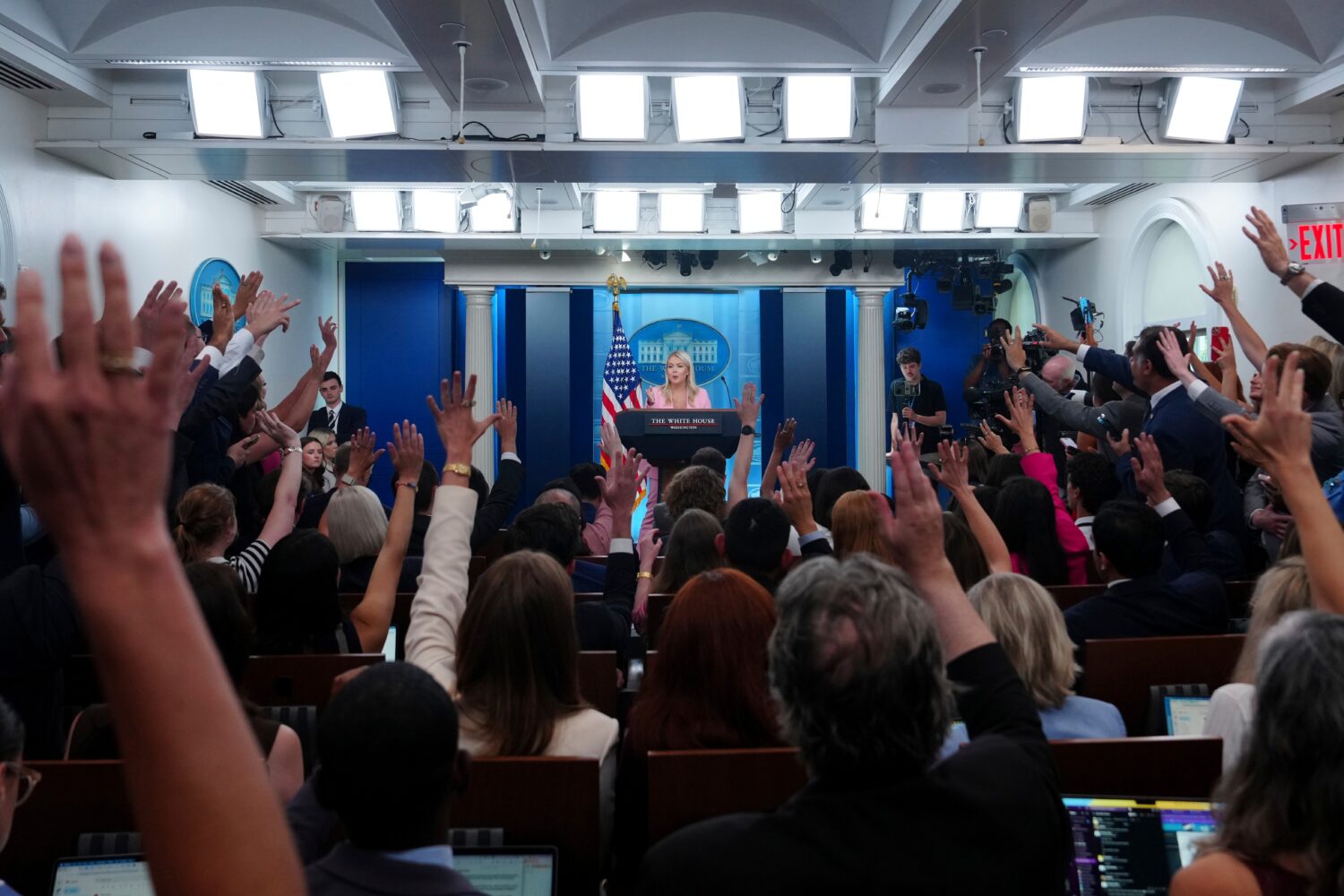 White House press secretary Karoline Leavitt speaks with reporters in the James Brady Press Briefin...
