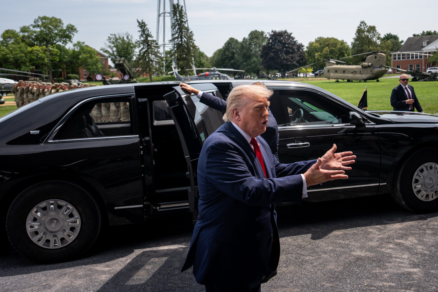 President Donald Trump arrives at the United States Army War College for the Pennsylvania Defense a...