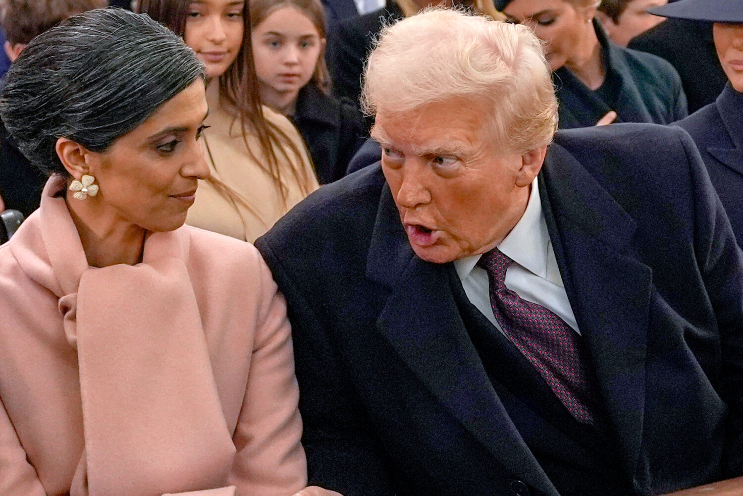 FILE - President-elect Donald Trump, from right, talks with Usha Vance and Vice President-elect JD ...