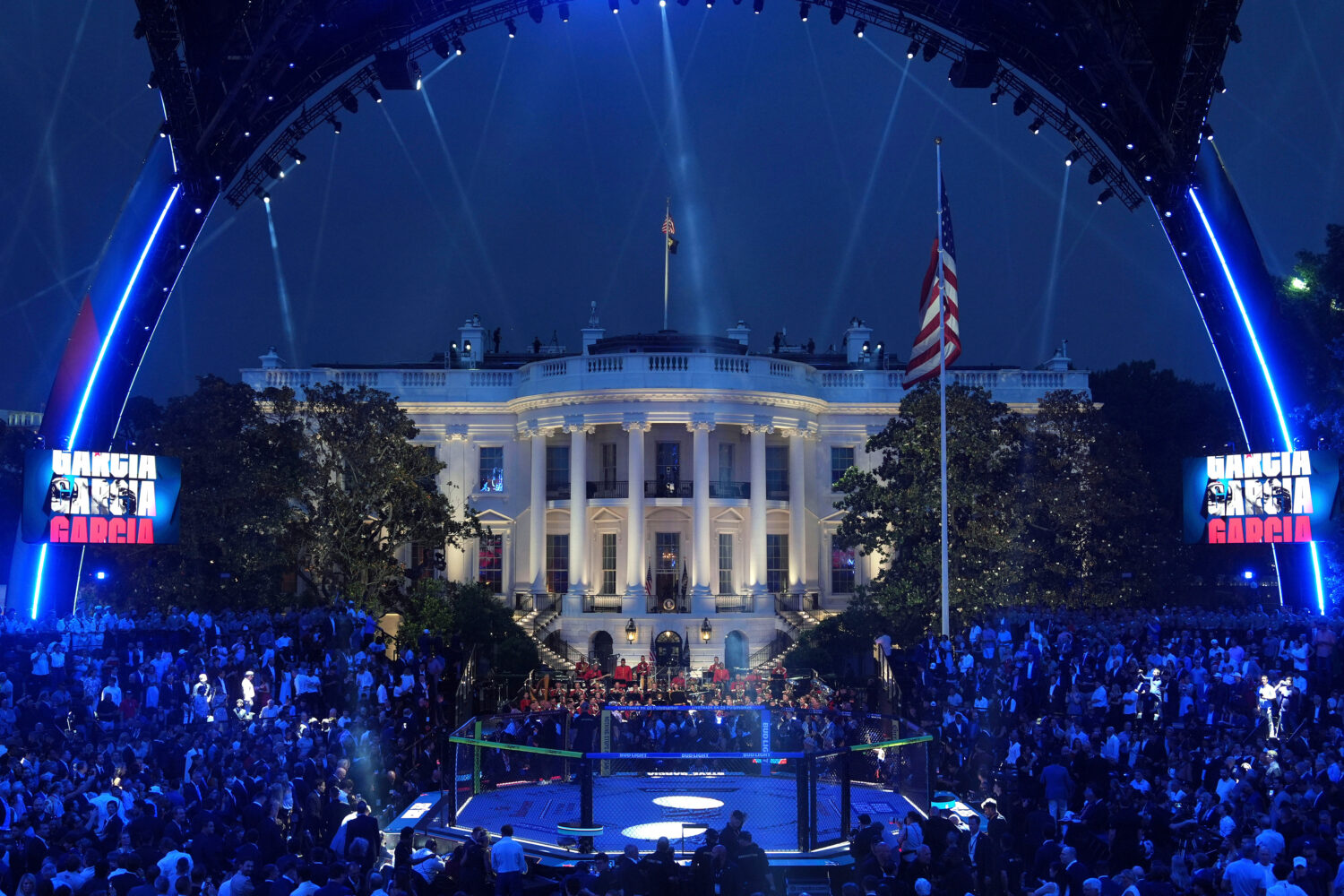 FILE - President Donald Trump arrives at the arena for the UFC Freedom 250 on the South Lawn of the...