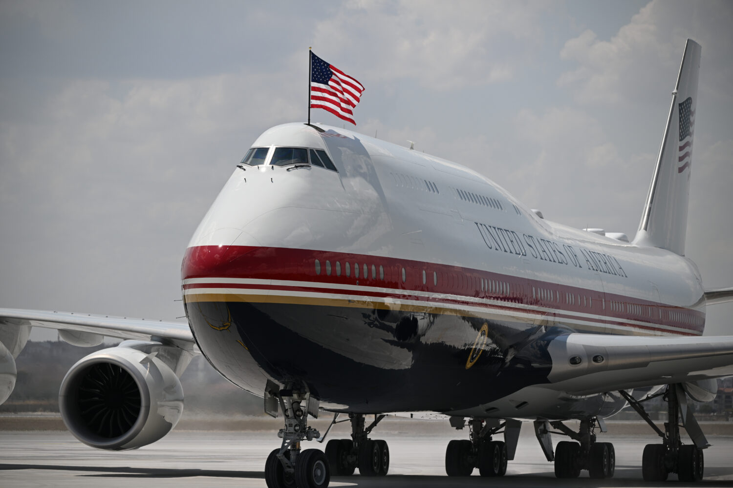Air Force One carrying President Donald Trump arrives for the NATO summit in Ankara, Turkey, Tuesda...