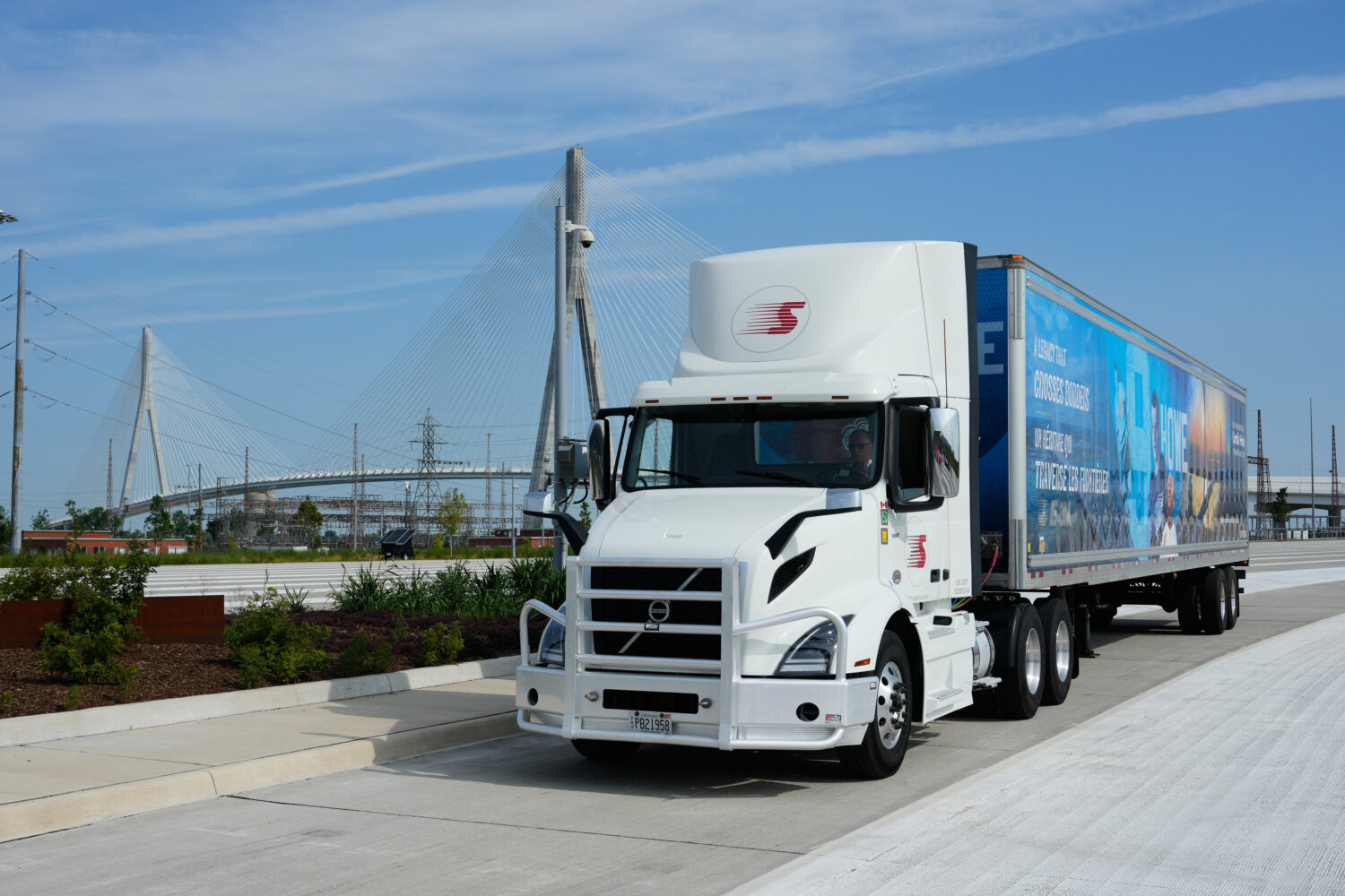 A truck is parked during a Canadian celebration marking the Gordie Howe International Bridge, which...