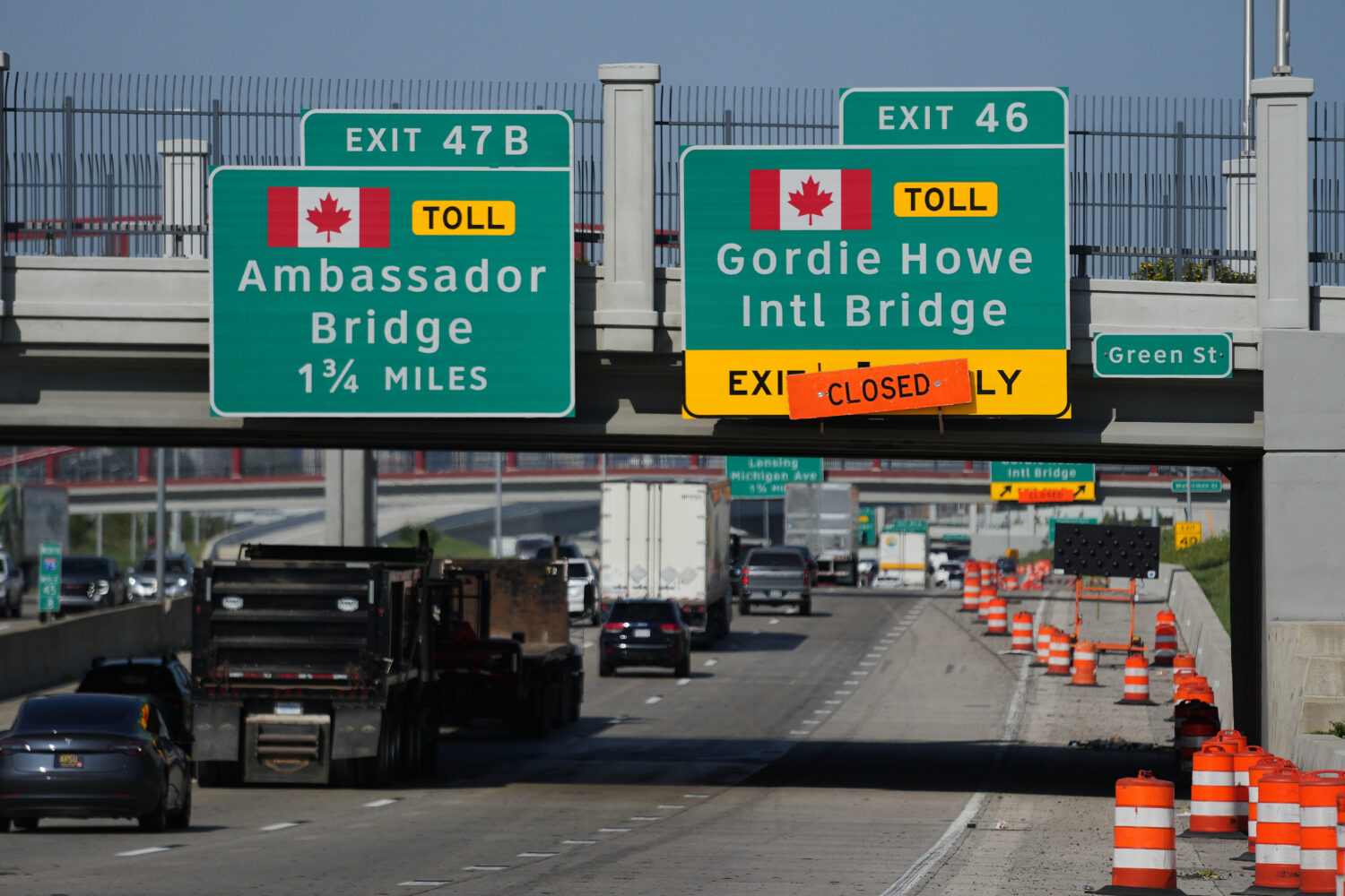 Exits from Interstate 75 are displayed for the Gordie Howe International Bridge and Ambassador Brid...