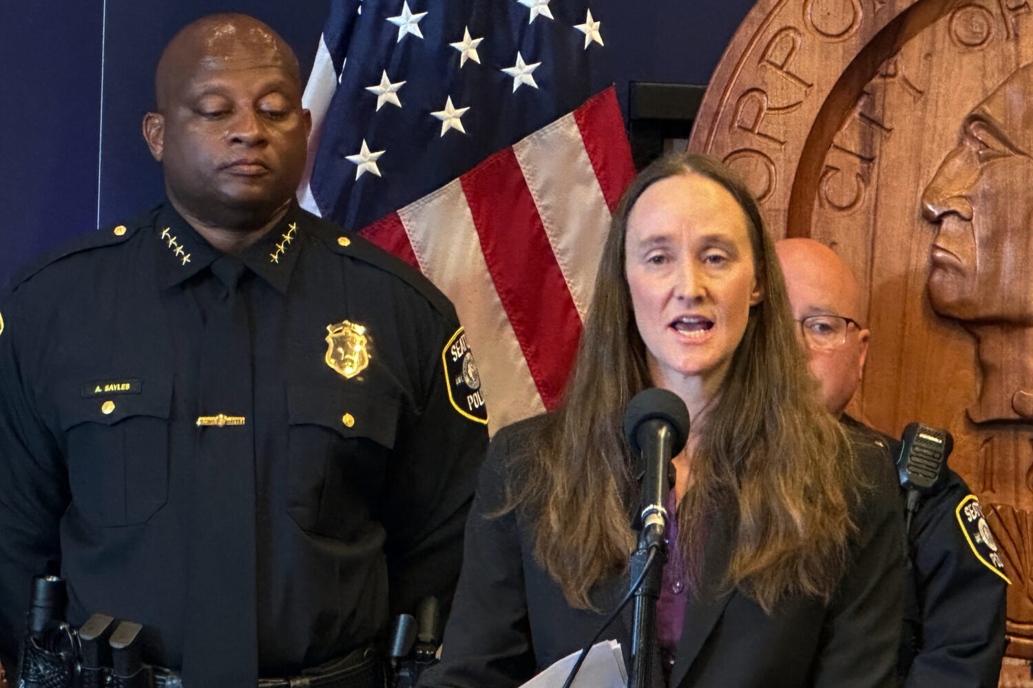Seattle Mayor Katie Wilson holds a news conference to introduce Andre Sayles as interim police chie...