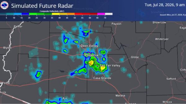 A complex of storm activity moving northwest from Mexico could bring showers to the Valley early Tuesday morning. (NWS Phoenix)