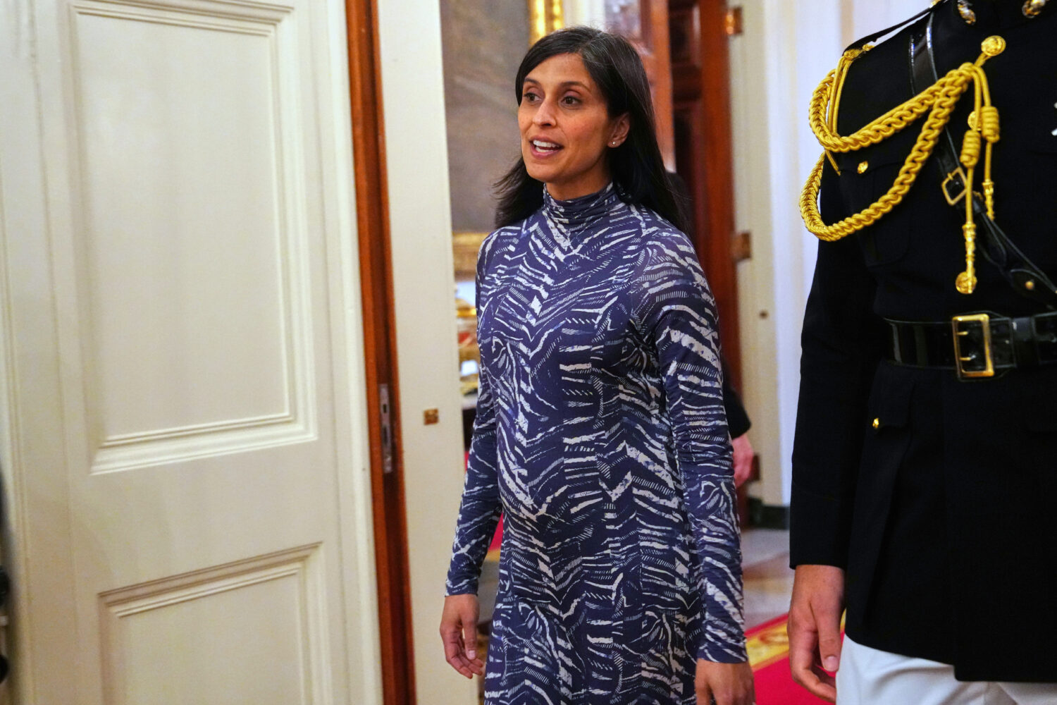 FILE - Second lady Usha Vance arrives at a women's history month event in the East Room at the Whit...