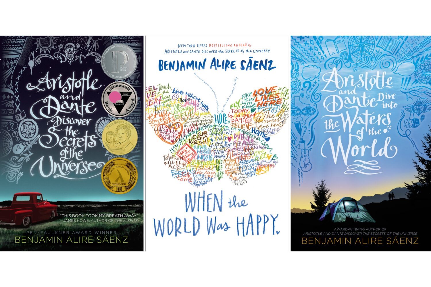 This combination of cover images show, from left, "Aristotle and Dante Discover the Secrets of the ...