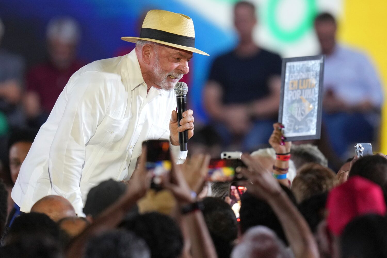 Brazilian President Luiz Inacio Lula da Silva speaks to supporters during the Workers' Party conven...