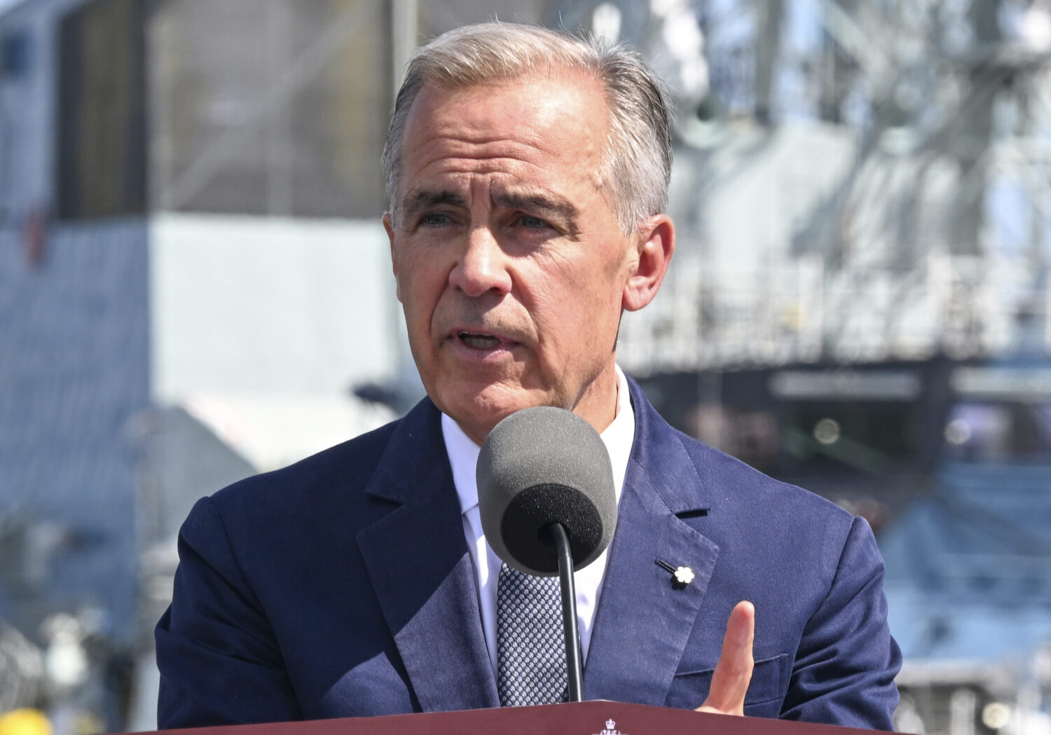 Canadian Prime Minister Mark Carney speaks at the Davie shipyard in Levis, Quebec on Monday, Aug. 2...