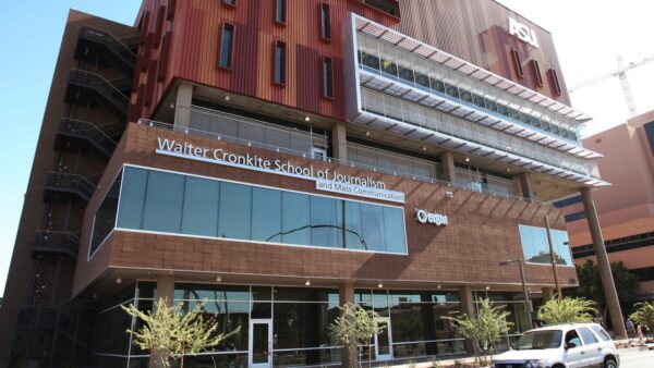 FILE - This Nov. 14, 2008, file photo shows the Walter Cronkite School of Journalism and Mass Communication at the downtown campus of Arizona State University in Phoenix. (AP Photo/Ross D. Franklin, File)