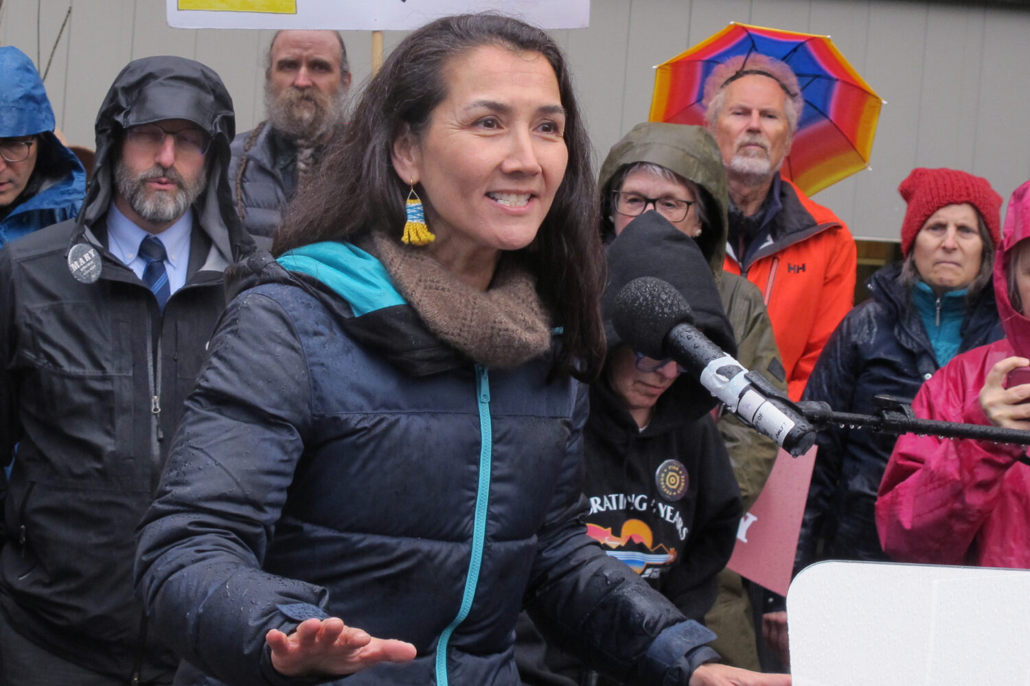 FILE - Alaska U.S. Senate candidate Mary Peltola, a Democrat, speaks during a campaign rally on May...