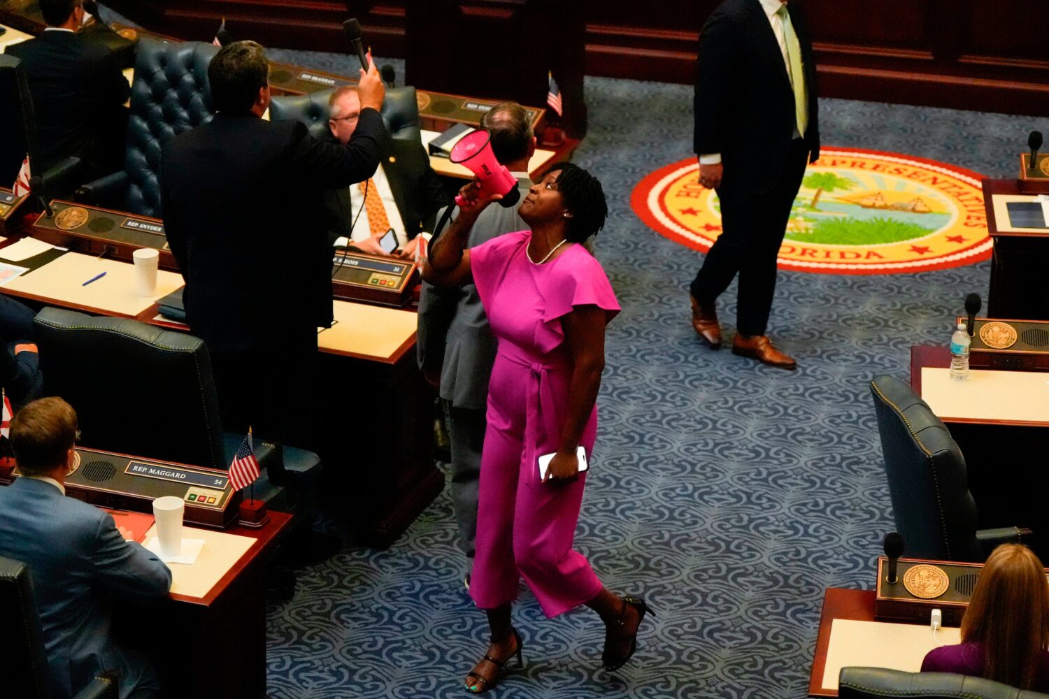 FILE - State Rep. Angie Nixon, D-Fla., speaks loudly on the House floor as the House votes on HB1D,...
