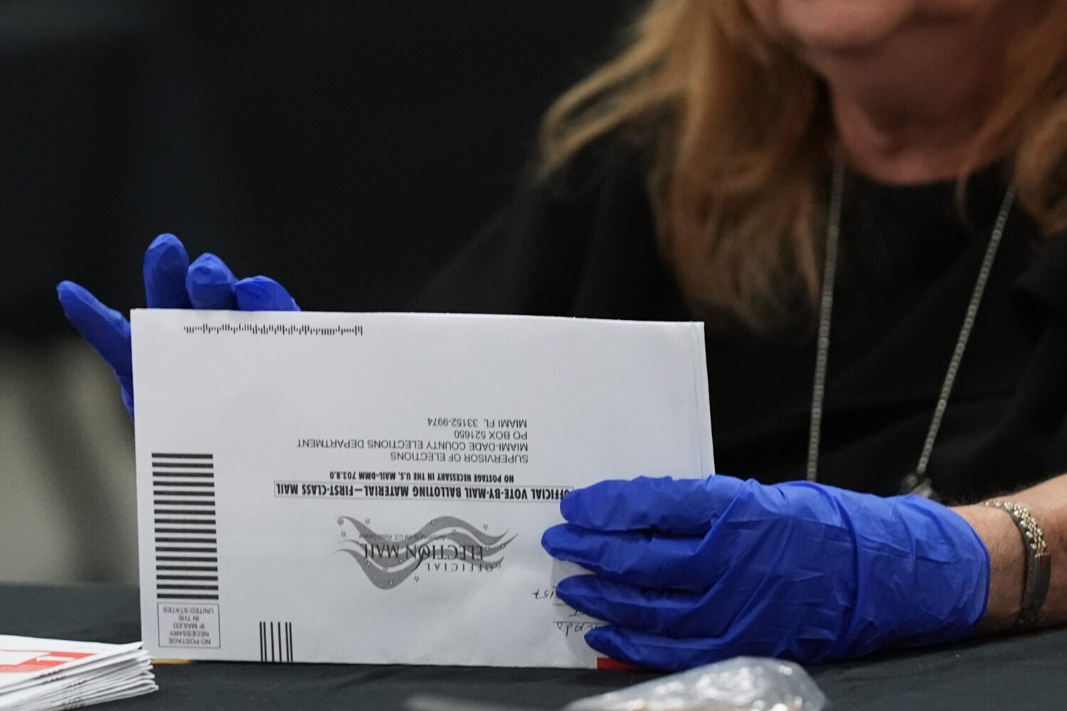 An election worker sorts vote-by-mail ballots at the Miami-Dade County Supervisor of Elections Offi...