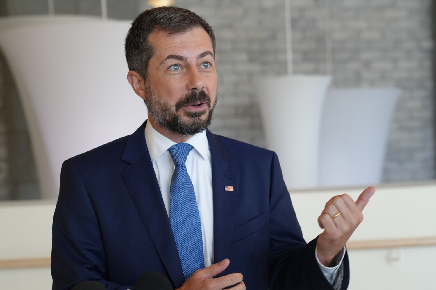 Former Transportation Secretary Pete Buttigieg speaks to reporters after speaking at the South Caro...