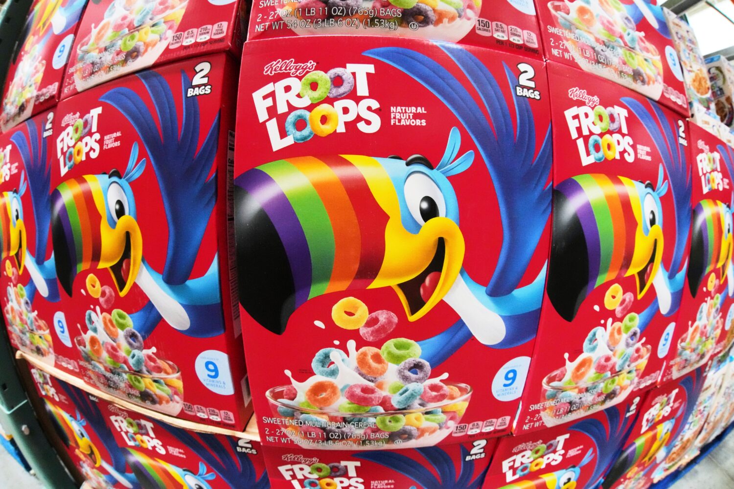 FILE - Kellogg's Froot Loops are displayed in a Costco in Pittsburgh, July 14, 2025. (AP Photo/Gene...