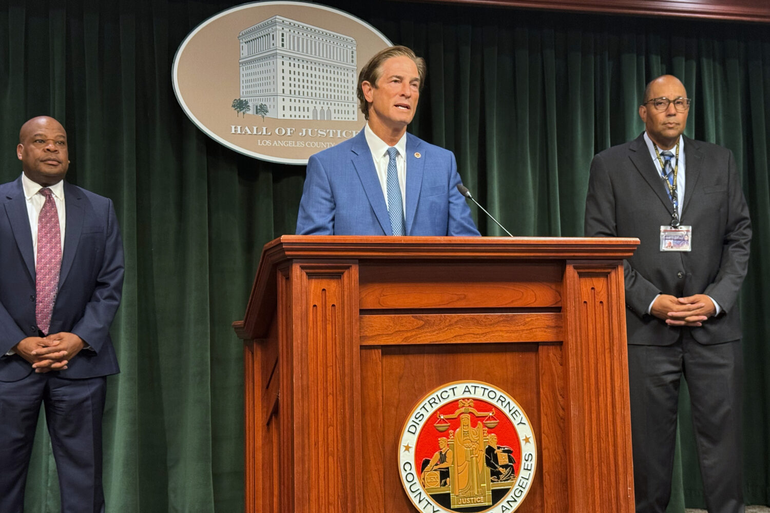 Los Angeles District Attorney Nathan Hochman delivers remarks at a press conference on Wednesday, A...