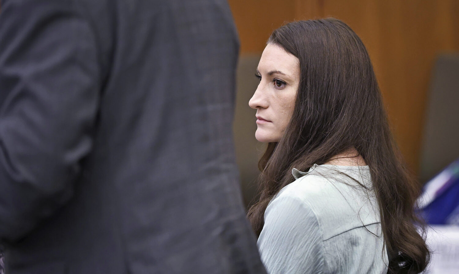 Lindsay Clancy watches the jury enter the room during her murder trial at Plymouth Superior Court i...
