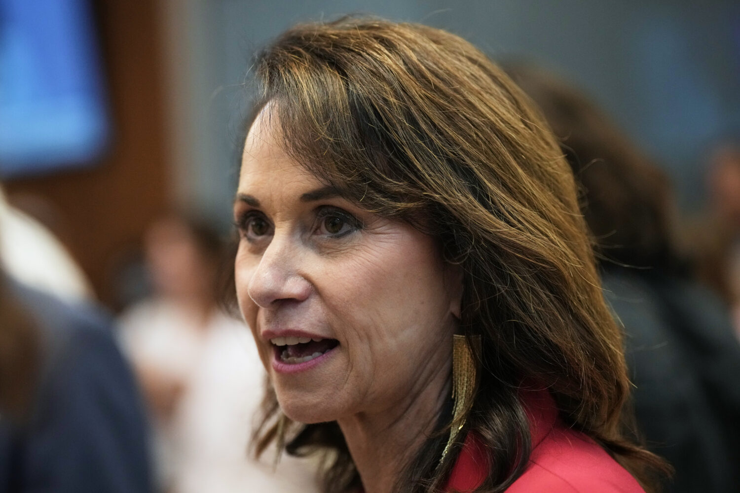 FILE - Louisiana Attorney General Liz Murrill speaks with attendees during an election night watch ...