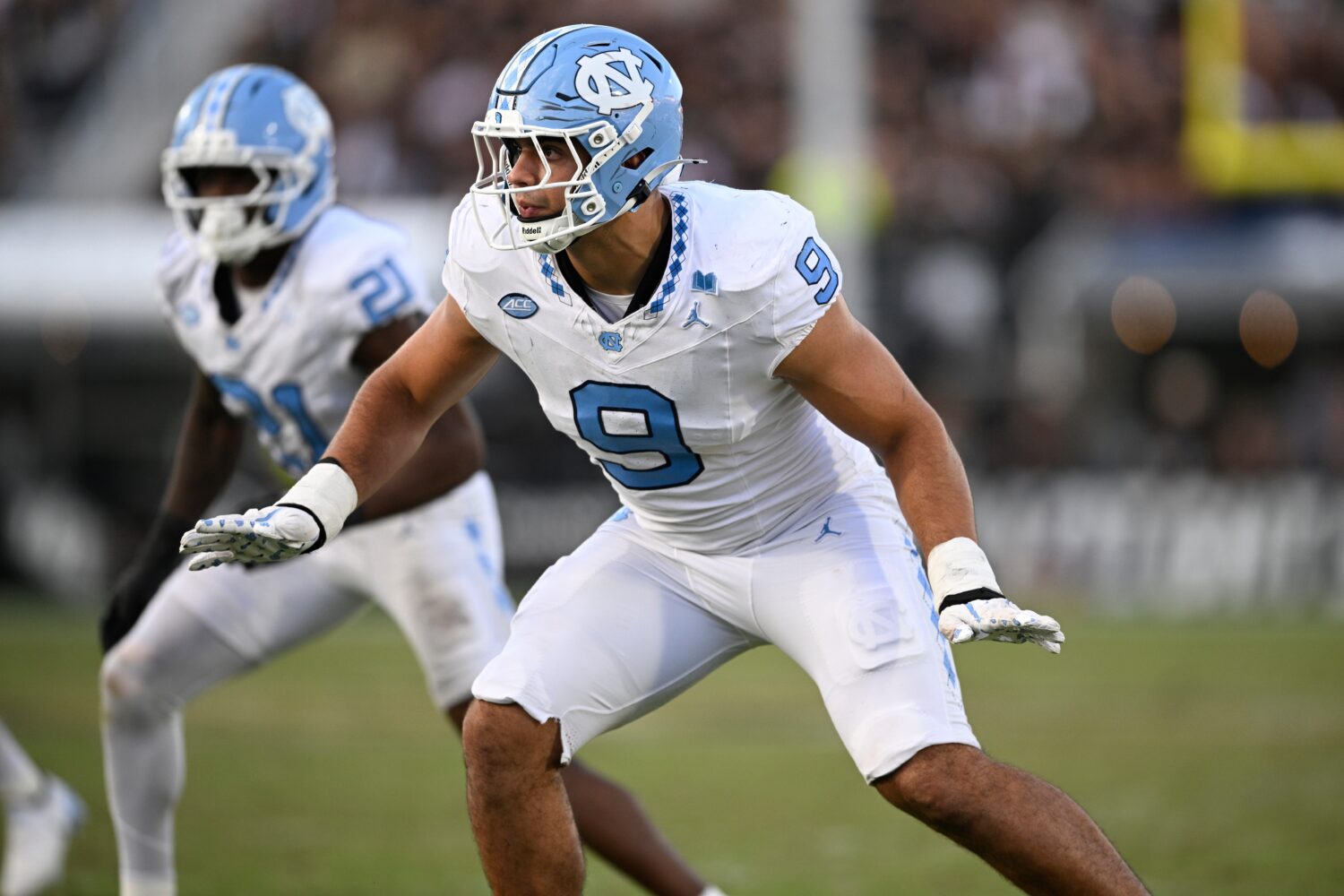 FILE - North Carolina defensive lineman Melkart Abou-Jaoude (9) follows a play against Central Flor...