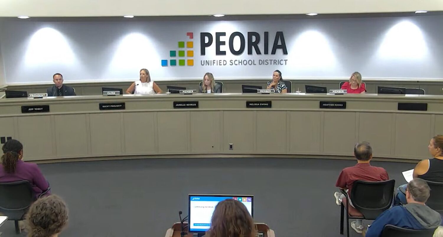 The Peoria Unified School District governing board (Peoria Unified School District via YouTube)...