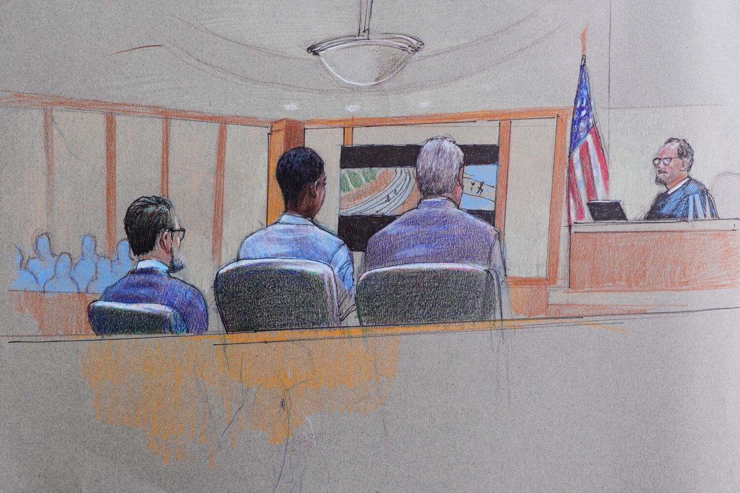 FILE - A courtroom sketch provided by Pat Lopez shows Karmelo Anthony, center, at the defense table...