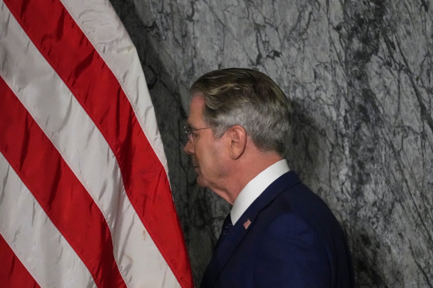 Treasury Secretary Scott Bessent departs after speaking at a news conference, Monday, Aug. 24, 2026...