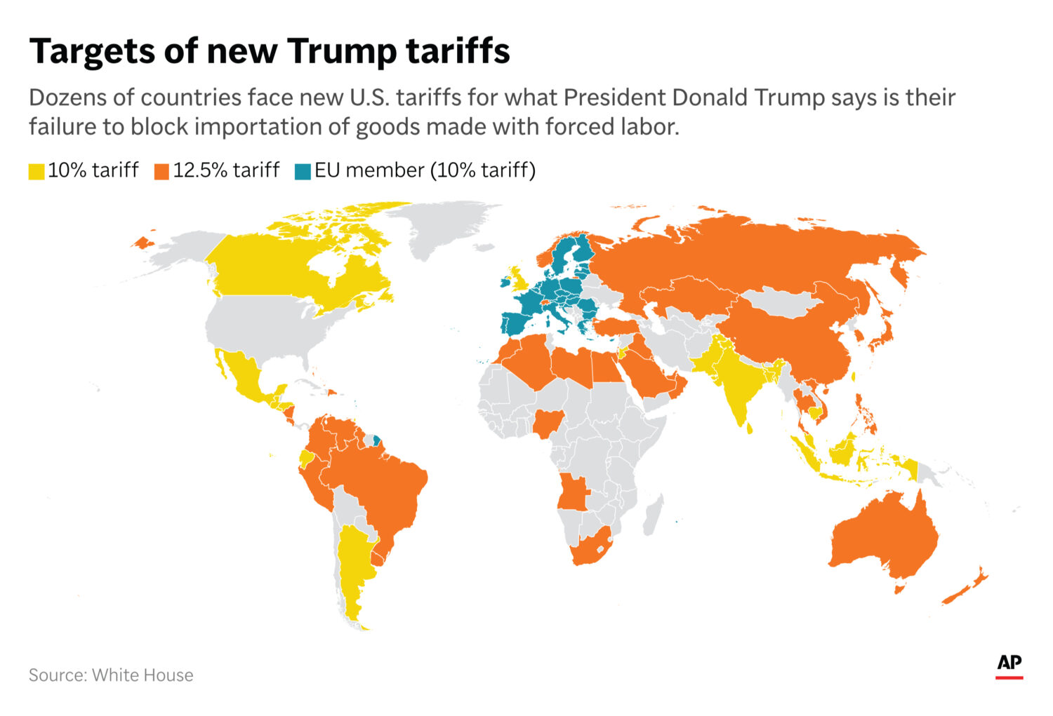 Where the Trump administration is imposing new tariffs on goods. (AP Digital Embed)Credit: AP Photo...