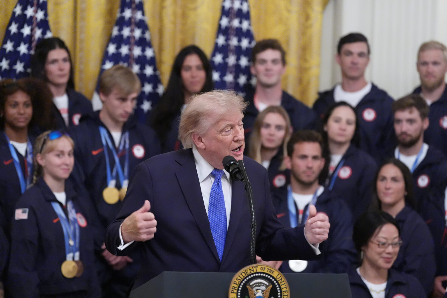 President Donald Trump speaks during an event for Olympic winter athletes, coaches, staff, and repr...