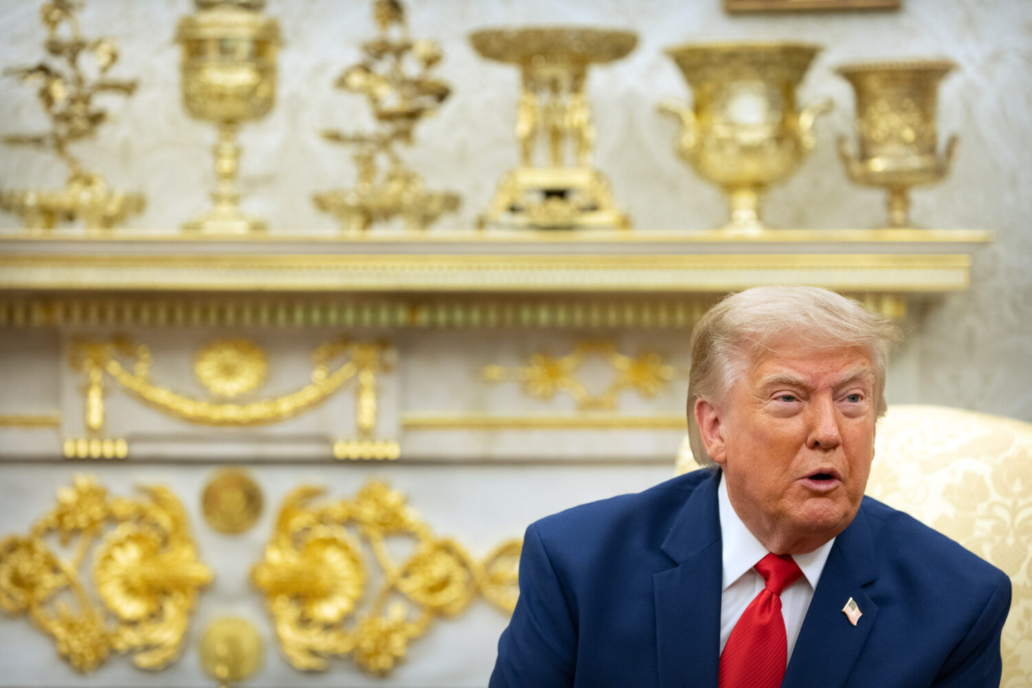 President Donald Trump speaks while meeting with Lebanese President Joseph Aoun in the Oval Office ...