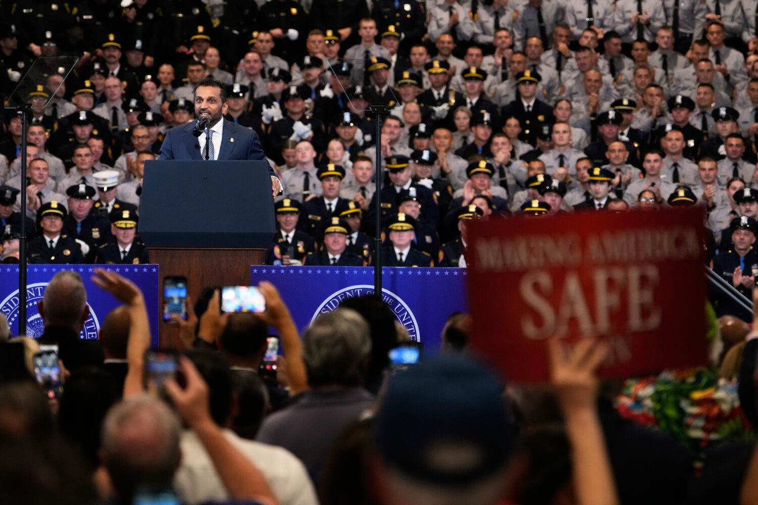 FBI director Kash Patel speaks before President Donald Trump at the David Mack Center for Training ...