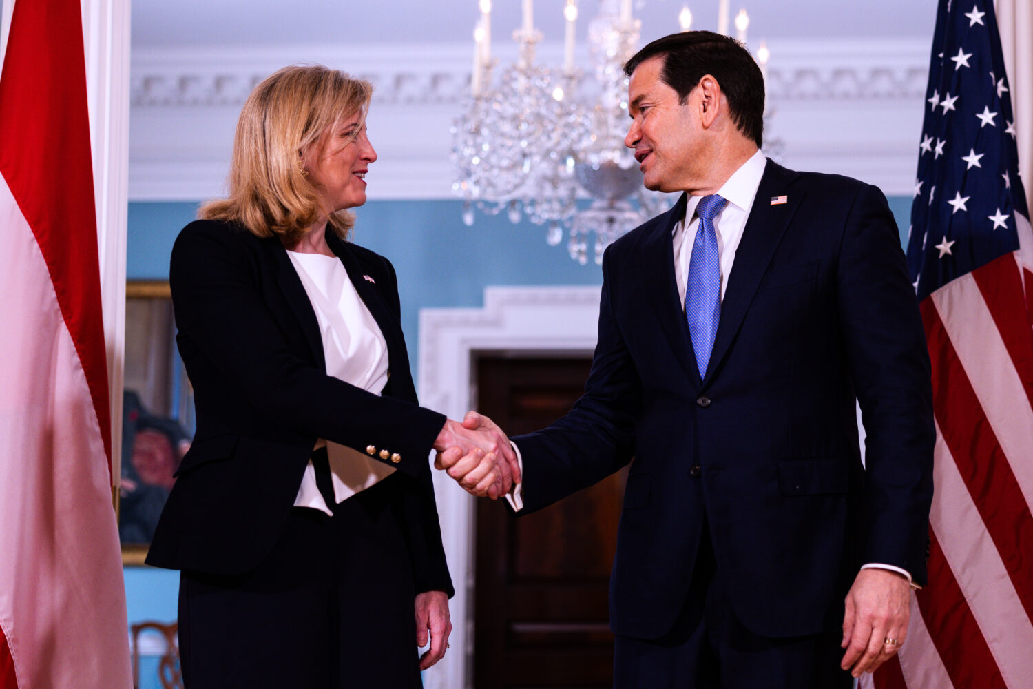 Secretary of State Marco Rubio arrives with Austrian Foreign Minister Beate Meinl-Reisinger, to the...