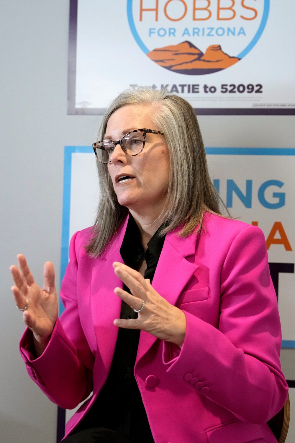 Arizona Democratic Gov. Katie Hobbs, right, talks about her running mate for Lieutenant Governor Jo...