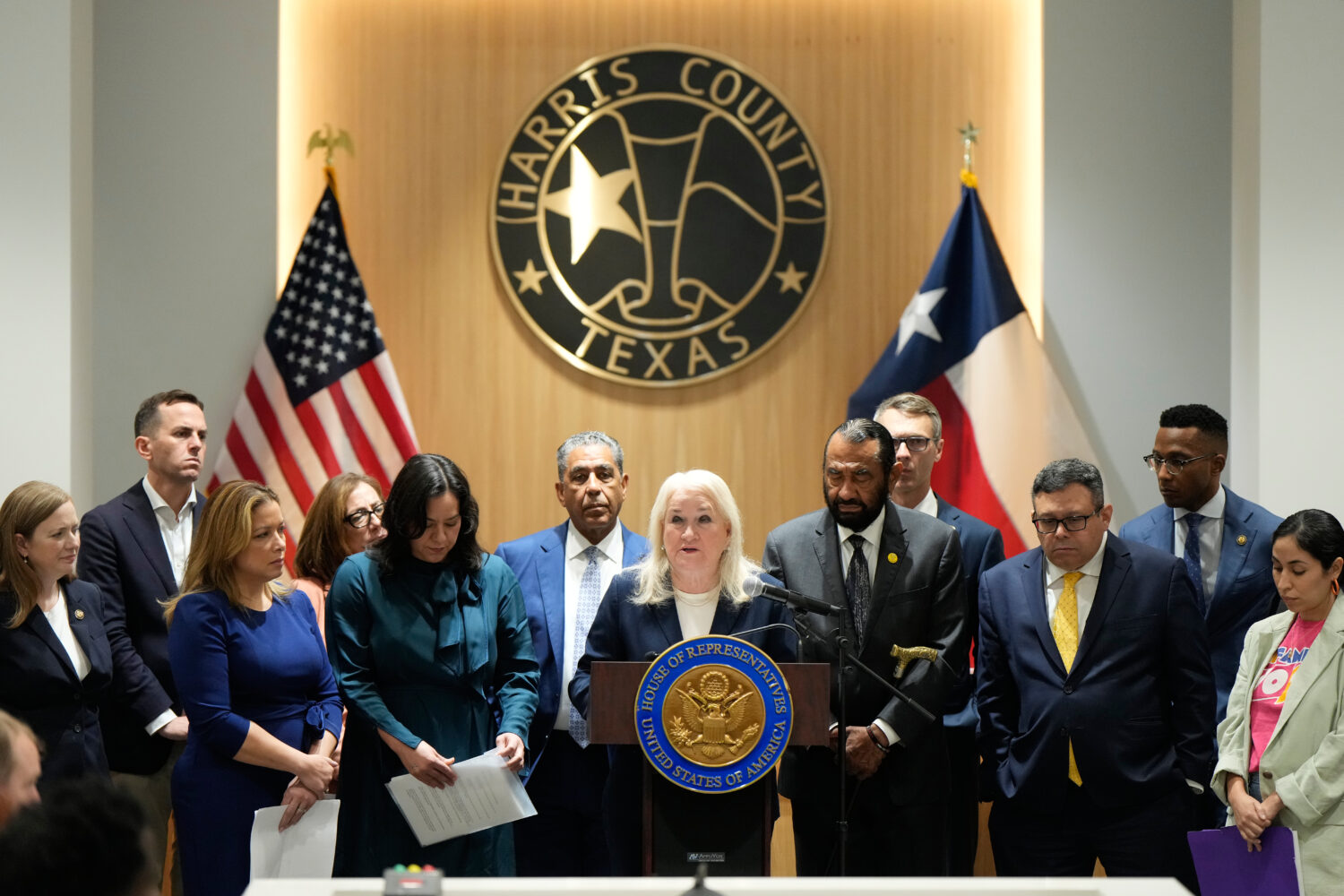 U.S. Rep. Sylvia Garcia, D-Texas, center, leads a news conference with other members of Congress af...