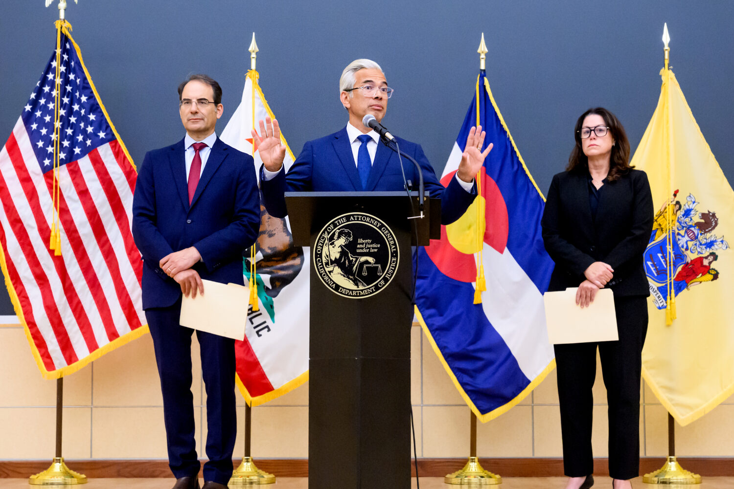 California Attorney General Rob Bonta discusses a lawsuit against Meta during a press conference on...