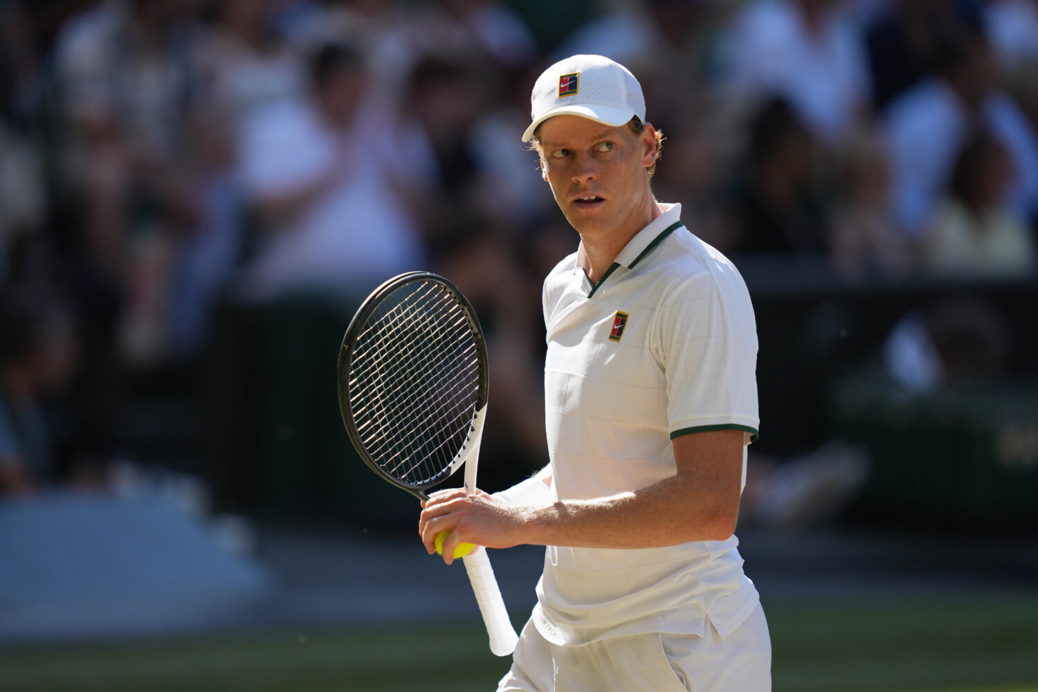 FILE - Jannik Sinner, of Italy, celebrates a point against Alexander Zverev, of Germany, in the men...